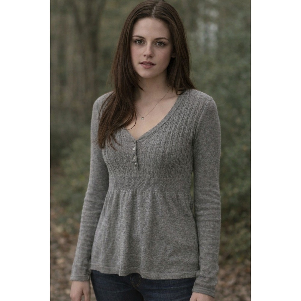Y2K Gray Ribbed‎ Henley Babydoll Sweater Large Soft Girl Mall Goth Bella Core